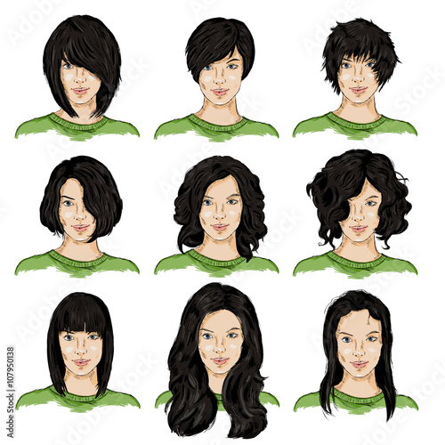 Vector Set of Color Sketch Female Faces