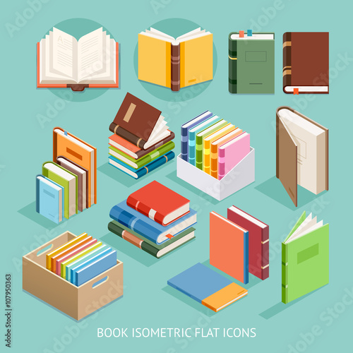 Book Isometric Flat Icons set. Vector Illustration.