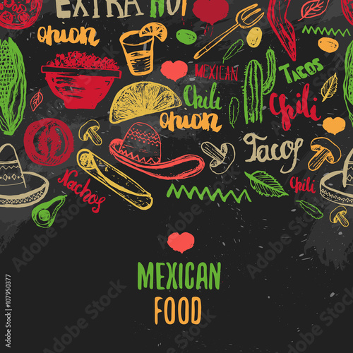 Vintage Mexican Food menu with lettering. Mexican food tacos, burritos, nachos. Mexican kitchen. Can be used for restaurant, cafe wrapping. 