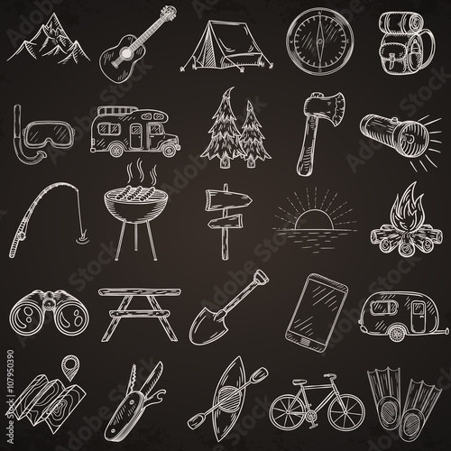 Set of hand drawn camping icons.