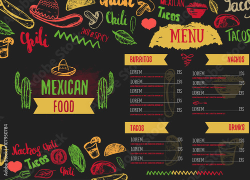 Vintage Mexican Food menu with lettering. Mexican food tacos, burritos, nachos. Mexican kitchen. Can be used for restaurant, cafe wrapping. 