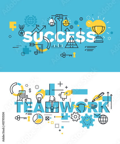 Set of modern vector illustration concepts of words success and teamwork. Thin line flat design banners for website and mobile website, easy to use and highly customizable.