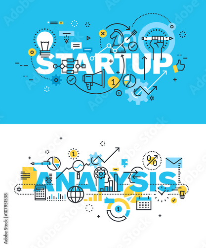 Set of modern vector illustration concepts of words startup and analysis. Thin line flat design banners for website and mobile website, easy to use and highly customizable.