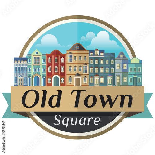 Old town square with blue sky background. Vector illustration