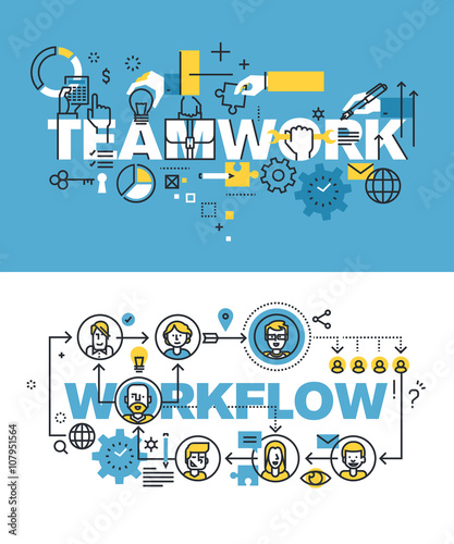 Set of modern vector illustration concepts of words teamwork and workflow. Thin line flat design banners for website and mobile website, easy to use and highly customizable.