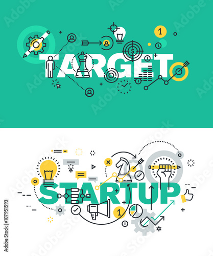 Set of modern vector illustration concepts of words target and startup. Thin line flat design banners for website and mobile website, easy to use and highly customizable.