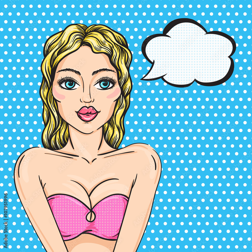 Hot blonde pop art bikini woman on a beach with thought bubble for text,  comic style vector. Stock Vector | Adobe Stock