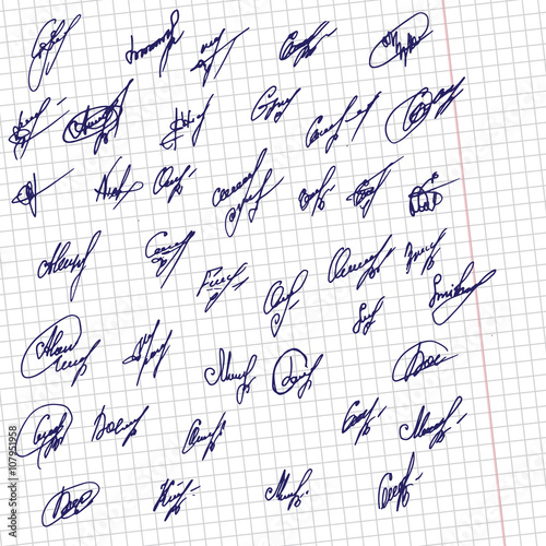 Big Signatures set - group of fictitious contract signatures. Business autograph illustration.