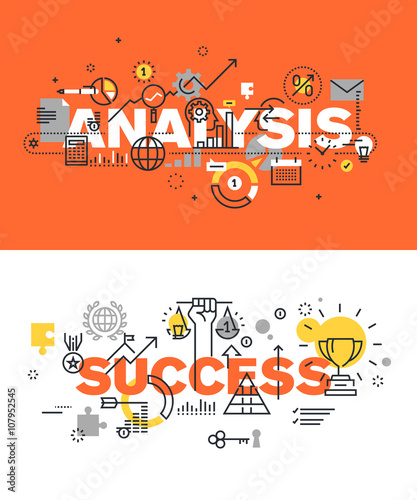 Set of modern vector illustration concepts of words analysis and success. Thin line flat design banners for website and mobile website, easy to use and highly customizable.