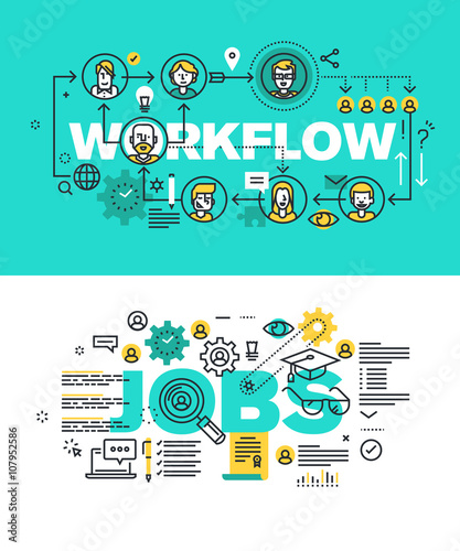 Set of modern vector illustration concepts of words workflow and jobs. Thin line flat design banners for website and mobile website, easy to use and highly customizable.