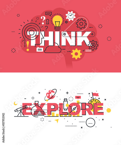 Set of modern vector illustration concepts of words think and explore. Thin line flat design banners for website and mobile website, easy to use and highly customizable.