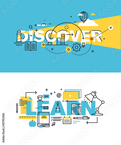 Set of modern vector illustration concepts of words discover and learn. Thin line flat design banners for website and mobile website, easy to use and highly customizable.