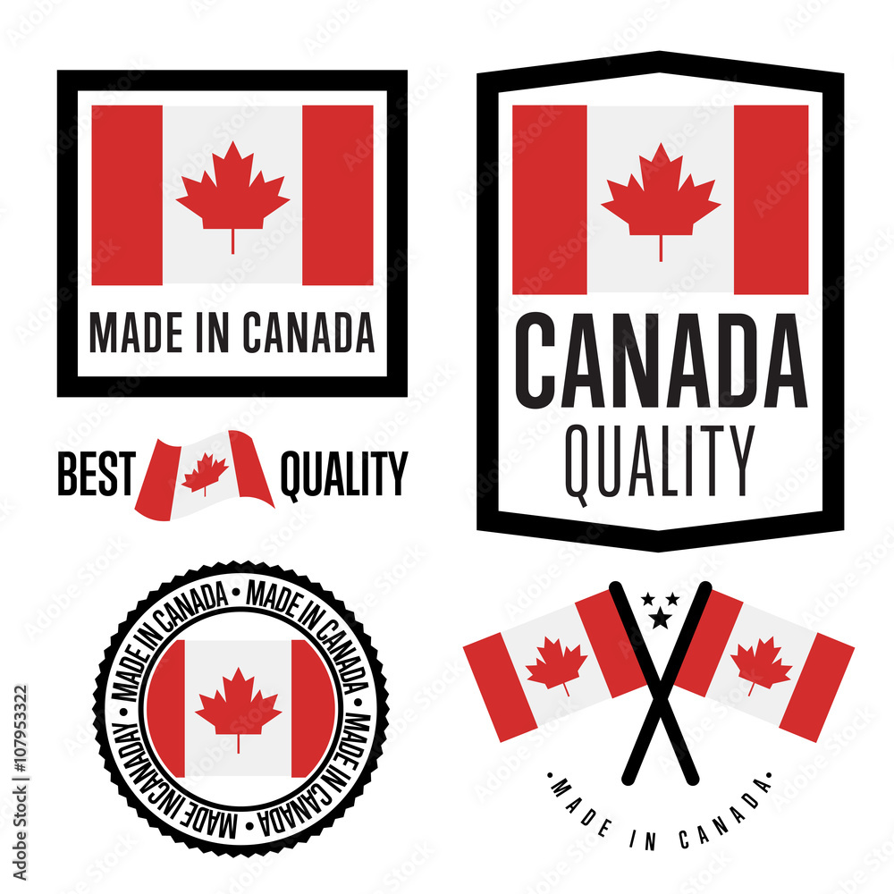 Made in Canada label set. Vector Canada flag. Symbol of quality. Manufacturing by Canada. Tags and sticker collection. Vintage and modern stamp. Made in Canada label set. Vector Canada flag. Symbol of quality. Manufacturing by Canada. Tags and sticker collection. Vintage and modern stamp.