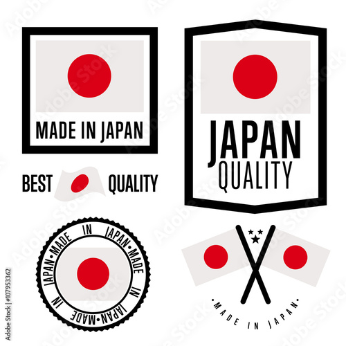 Made in Japan label set. Vector Japan flag. Symbol of quality. Manufacturing by Japan. Tags and sticker collection. Vintage and modern stamp. 