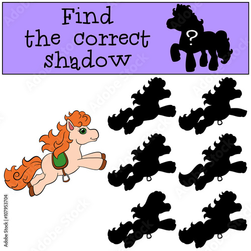 Children games: Find the correct shadow. Little cute pony runs and smiles.