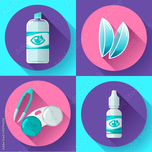 Contact lens, Container, daily solution, eye drops and tweezers icons