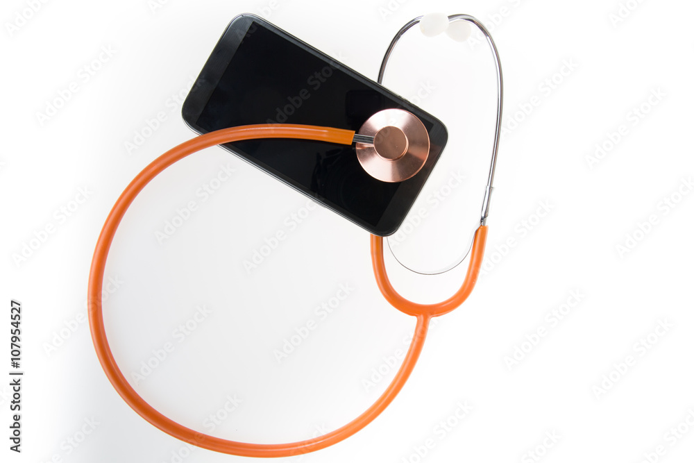 Blue stethoscope over smartphone screen - studio shoot Blue stethoscope over smartphone screen - studio shoot