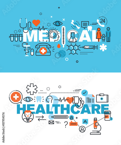 Set of modern vector illustration concepts of words medical and healthcare. Thin line flat design banners for website and mobile website, easy to use and highly customizable.