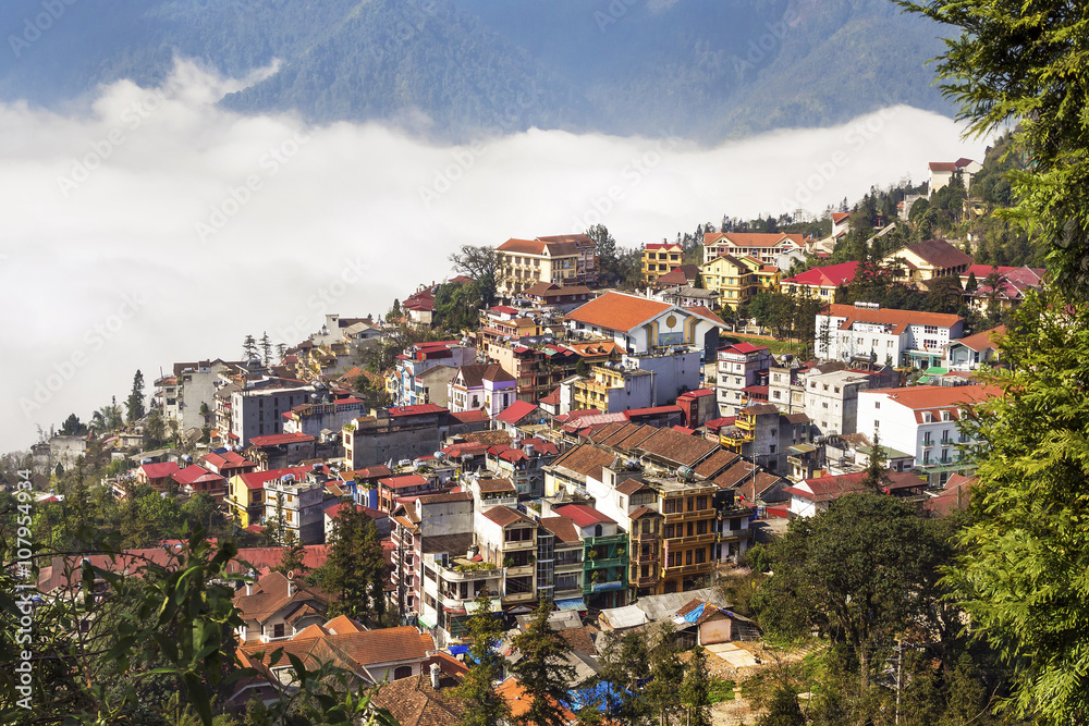 Fototapeta premium Aerial view of Sapa, Lao Cai Province, North Vietnam.
