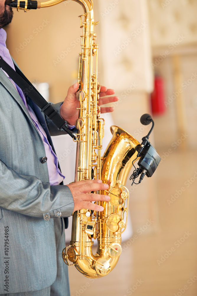 Fototapeta premium the saxophonist plays a saxophone
