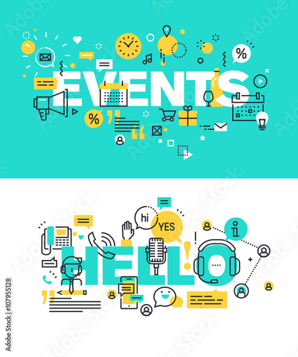 Set of modern vector illustration concepts of words events and hello. Thin line flat design banners for website and mobile website, easy to use and highly customizable.