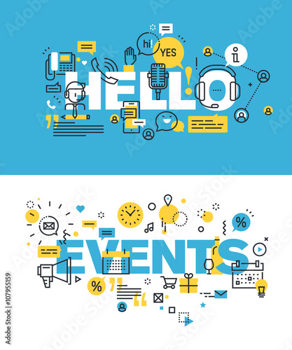 Set of modern vector illustration concepts of words hello and events. Thin line flat design banners for website and mobile website, easy to use and highly customizable.