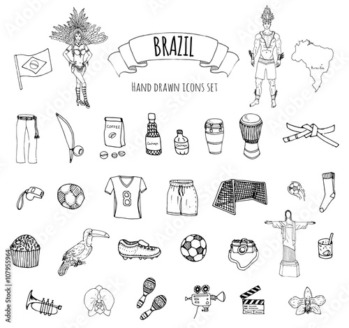 Hand drawn doodle Welcome to Brazil set Vector illustration Sketchy Brazilian traditional icons Cartoon Brazil typical elements collection Landmark Football ball cleats goal Capoeira Samba Orchid