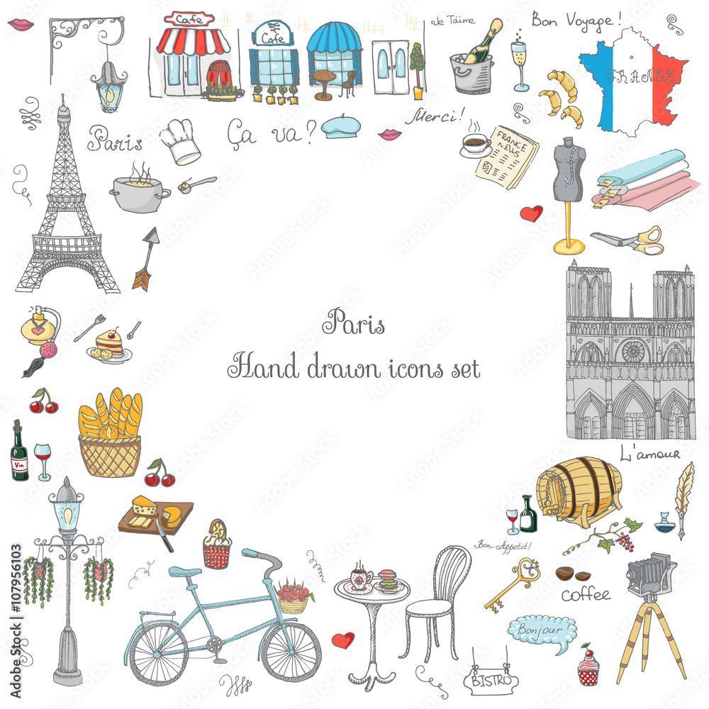 Fototapeta premium Zestaw ręcznie rysowane ikony francuski, Paryż szkic ilustracji wektorowych, elementy doodle, elementy narodowe Francji na białym tle, ikony podróży do Francji dla kart i stron internetowych, kolekcja symboli Paryża