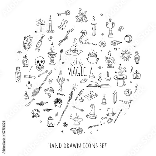 Hand drawn doodle Magic set Vector illustration wizardy, witchcraft symbols Isolated icons collections Cartoon sorcery concept elements Magic wand Love potion Fairy book Fairy tale Snake Crystal ball