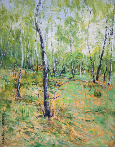 oil painting, forest in spring, birch