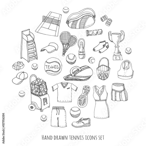 Hand drawn doodle Tennis game set Vector illustration tennis equipment Sport symbols Isolated icons collections Cartoon tennis concept elements Racket, tennis ball, tennis dress, shoes, tennis court