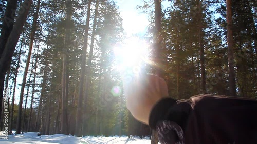 Sign of Peace, pointed in front of the rising sun in the pine forest