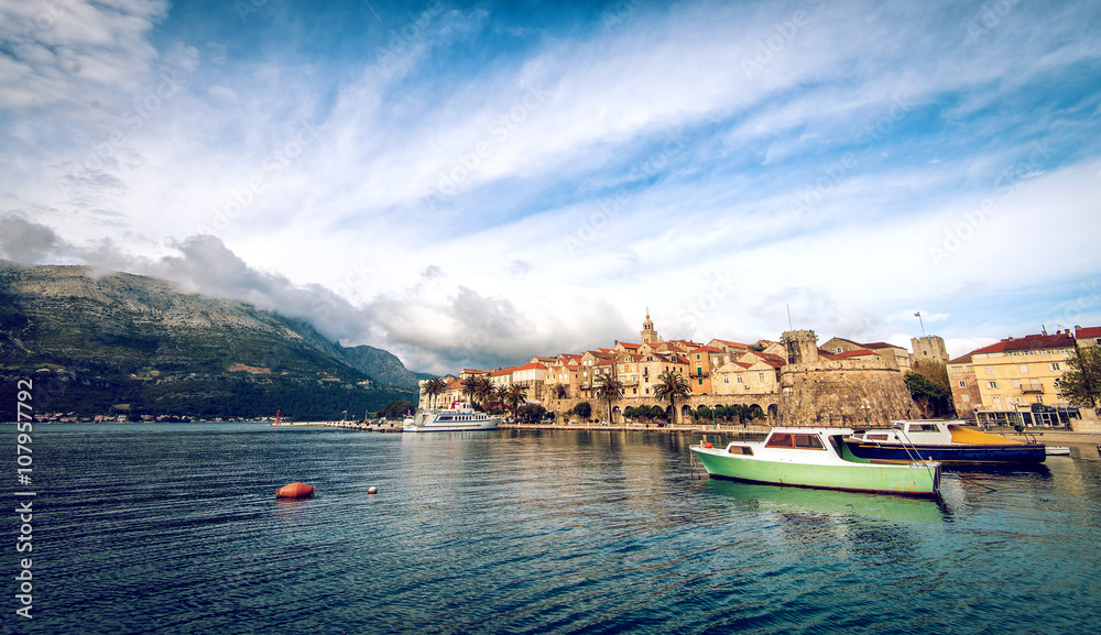 Korcula city and boats in harbour
