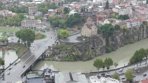 Aerial view of old Tbilisi capital of Georgia. Kura river and Metehi monastery photo