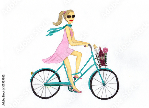 Fototapeta Naklejka Na Ścianę i Meble -  Beautiful girl on a turquoise bike. Illustration