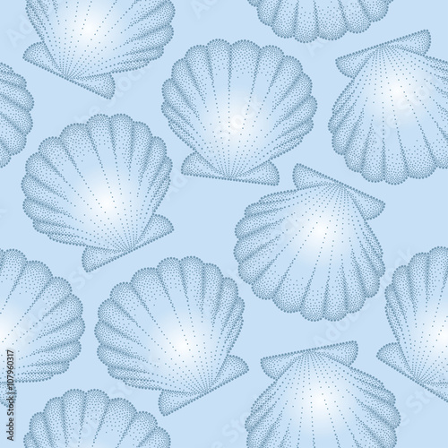 Vector seamless pattern with dotted Sea shell or Scallop on the blue background. Marine theme. Elegance summer background in dotwork style. 
