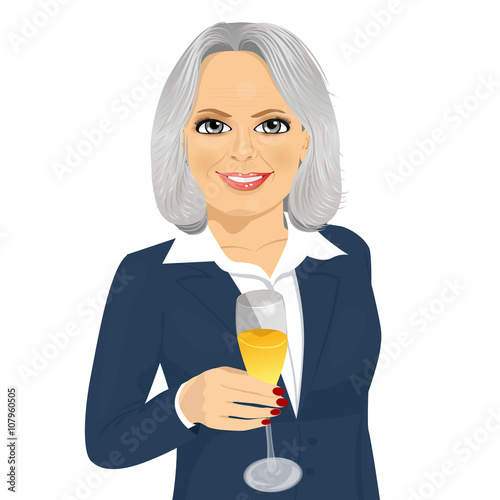 successful smiling senior businesswoman toasting with a glass of champagne