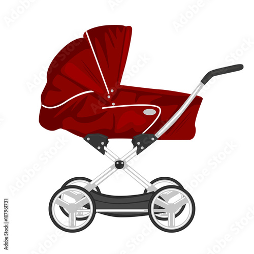 red child pram, baby carriage or stroller isolated on white background