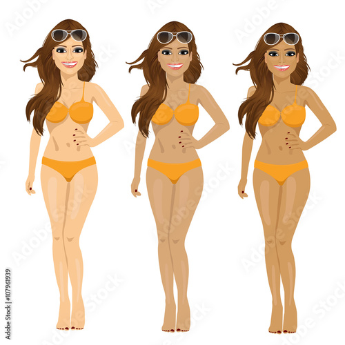 brunette in bikini showing tanning tones from natural to dark tan
