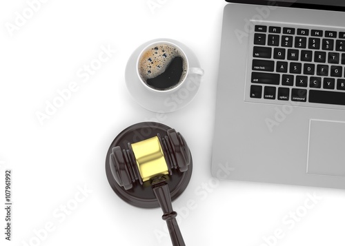 Gavel, laptop and coffee. 3d rendering.