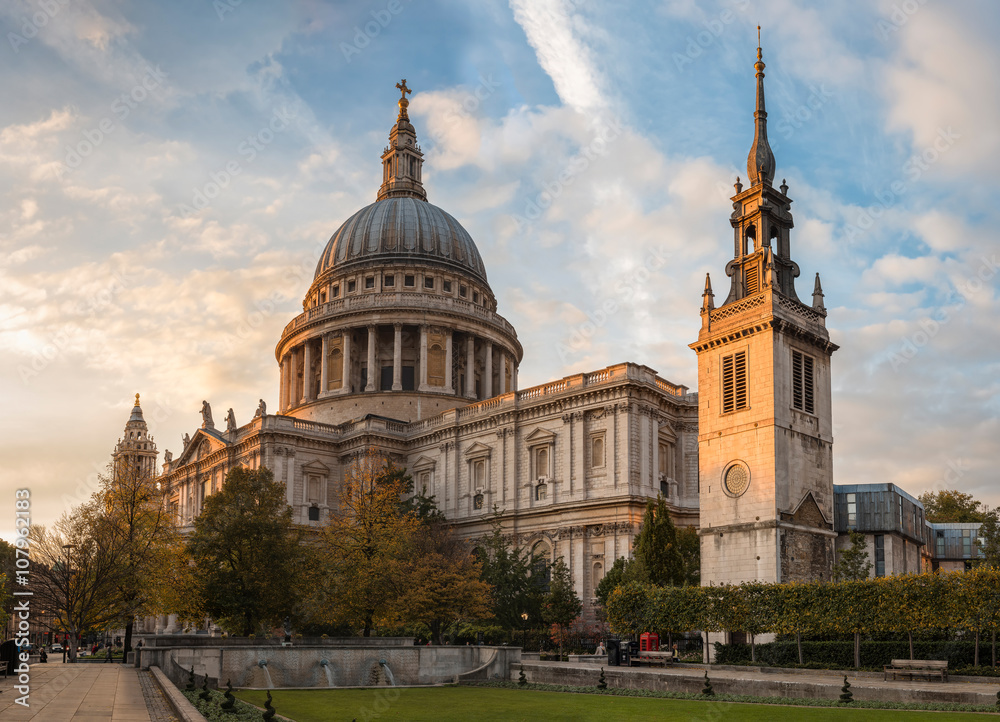 
    London, United Kingdom - October 20, 2015: View of St. Paul's cathedral in sunset rays. Unidentified people present on picture