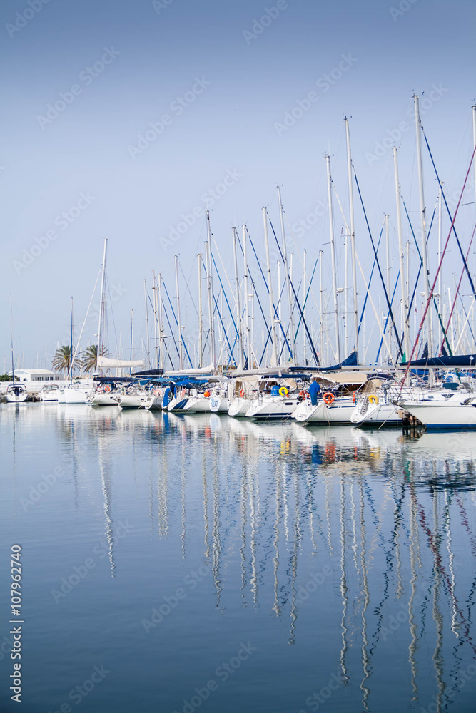 Reflection of yacht masts in the water 