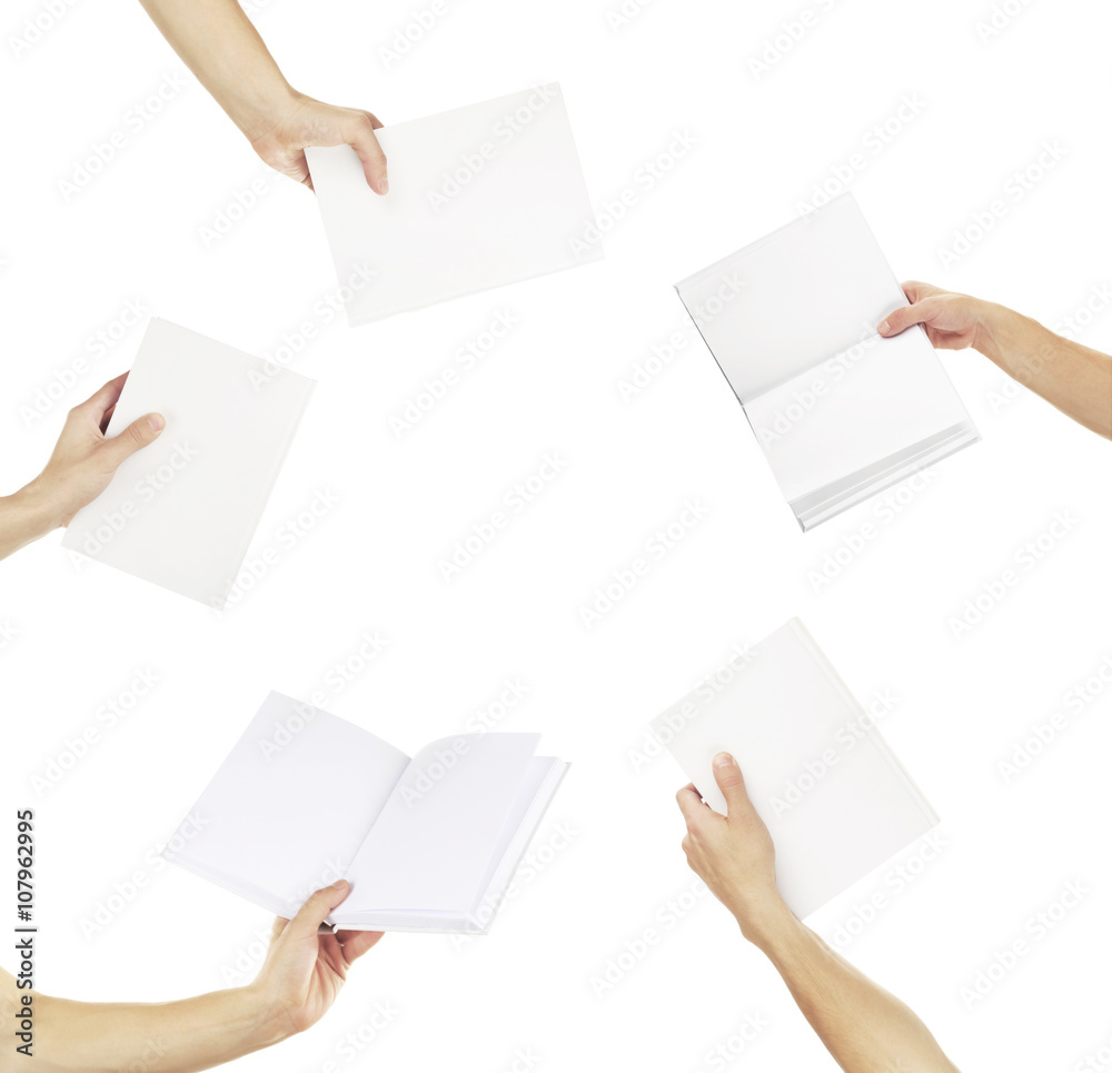 Man hands holding white books in collage isolated on white Man hands holding white books in collage isolated on white