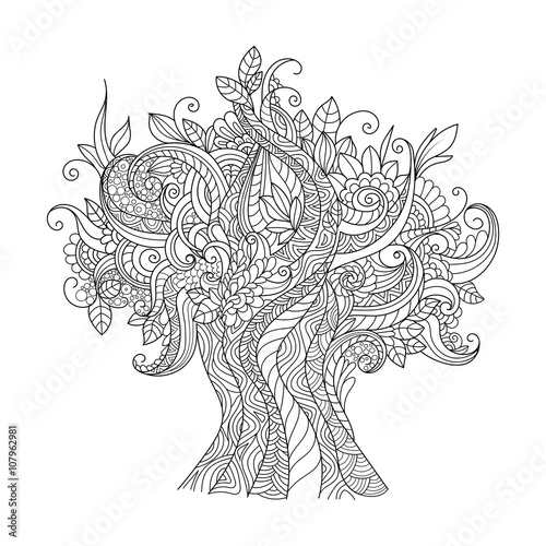 Doodle art tree. Zentangle floral pattern.  Hand-drawn design element. 