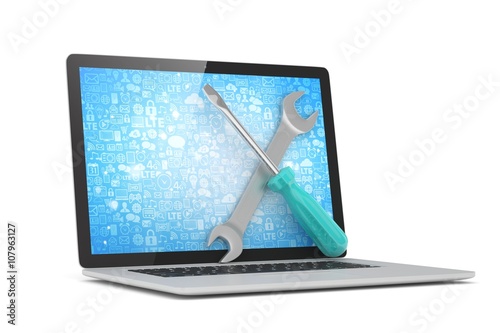 3D Illustration Wrench and screwdriver on laptop, service concept