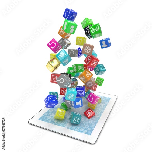 icon app fall in tablet pc. 3d rendering.