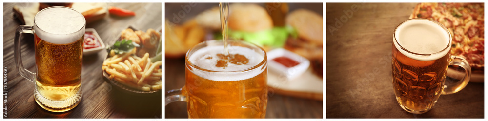 Collage with glasses of beer with food, on table on wooden background Collage with glasses of beer with food, on table on wooden background