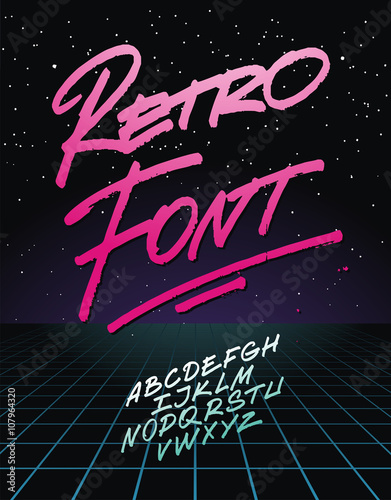 Retro font on light grid background. Vector alphabet