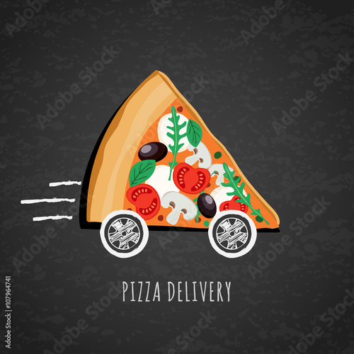 Vector design for pizza delivery, italian restaurant menu, cafe, pizzeria. Pizza with wheels on black chalkboard background. Slice of pizza with tomato, olives, mushrooms. Fast food delivery symbol. 