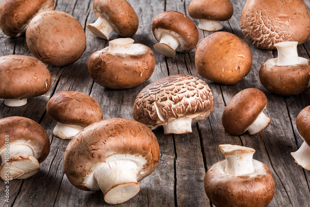 Fresh whole mushrooms or agaricus, close up
